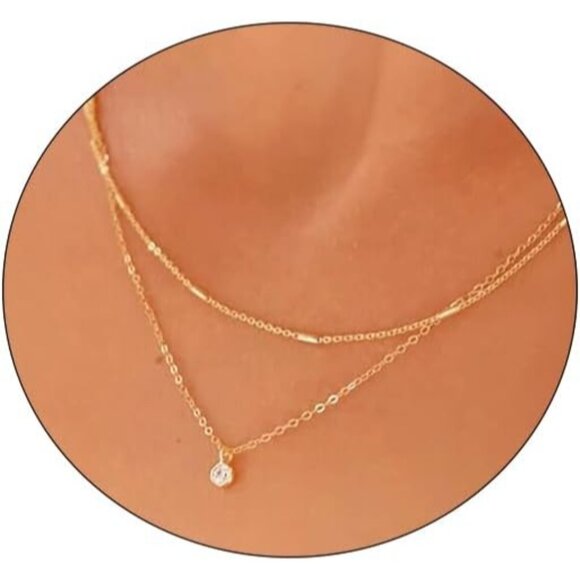 Layered Gold Necklace for Women Dainty Choker Chain with Cubic Zirconia Pendant - Picture 1 of 6
